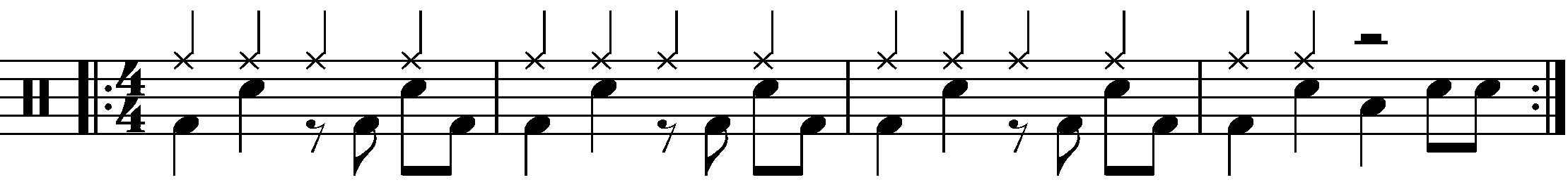 A four bar phrase using half bar mixed rhythm fills.