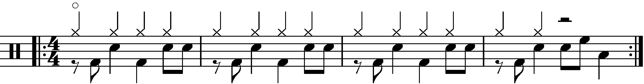 A four bar phrase using half bar mixed rhythm fills.