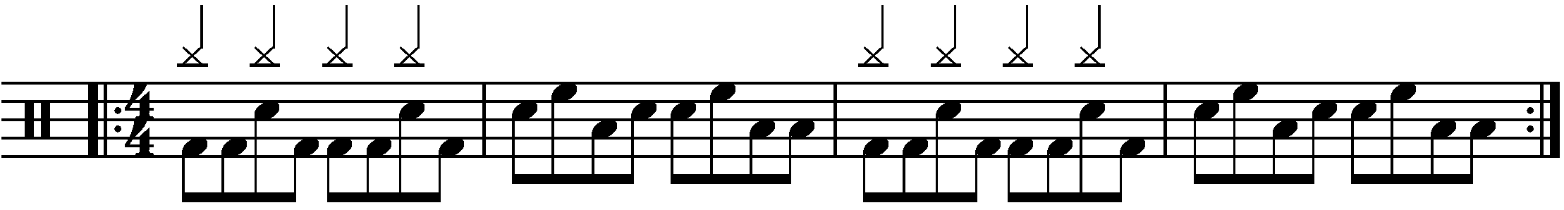 A repeated two bar phrase using full bar eighth note fills.