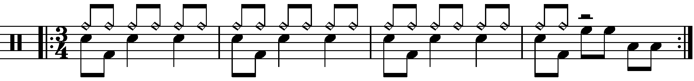 A four bar phrase using eighth note fills in 3/4.