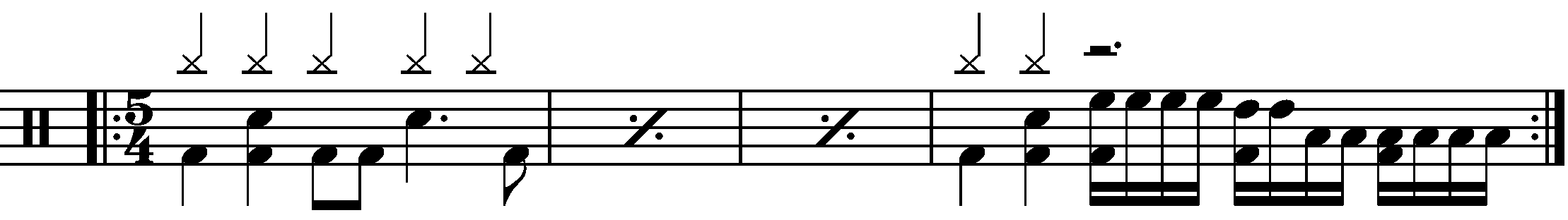 A four bar phrase using sixteenth note fills in 5/4.