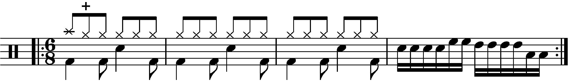 A four bar phrase using sixteenth note fills in 6/8.