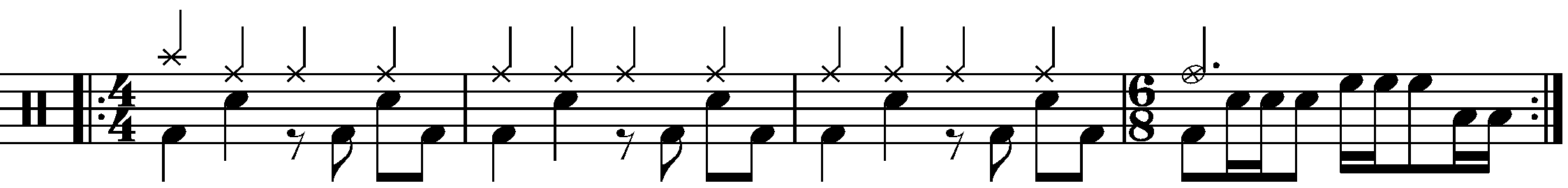 A four bar phrase using a fill in 6/8.