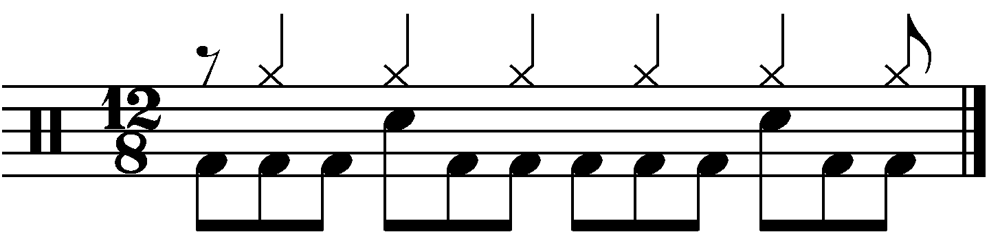 A 12/8 groove with delayed crotchets on the right hand
