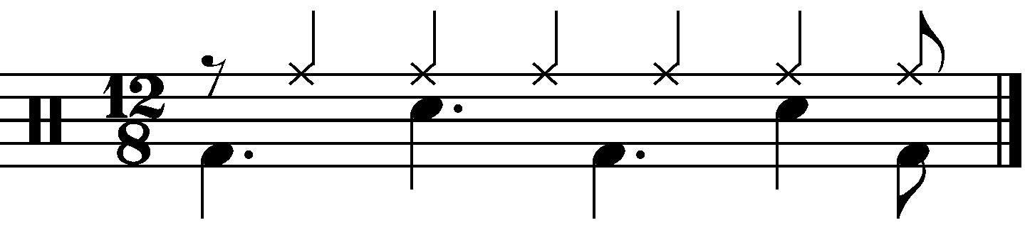 A 12/8 groove with delayed crotchets on the right hand