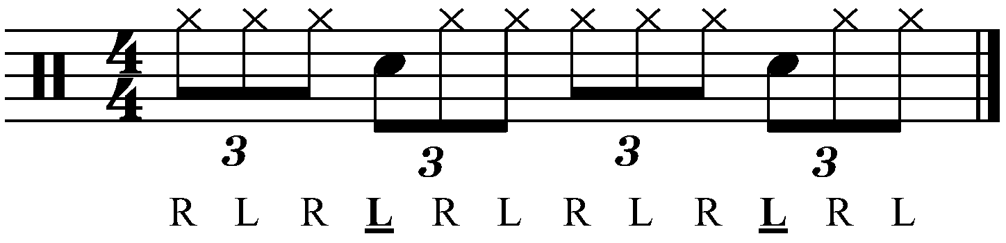 The hands for a 16 beat built from a single stroke triplet