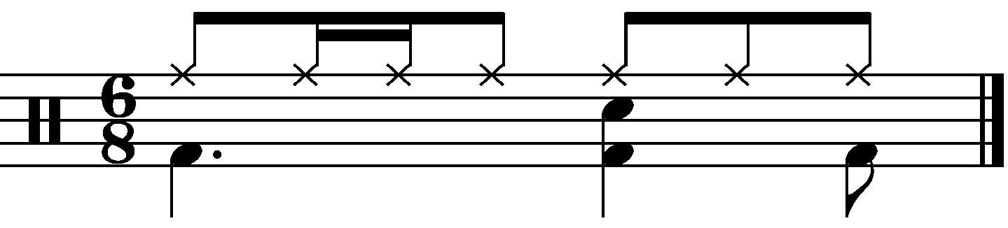 A 6/8 groove simulating 'four on the floor' with additional 8th note kicks