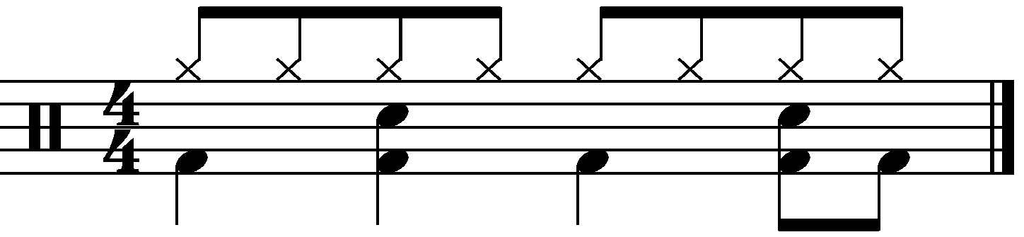 A four on the floor groove with additional eighth notes