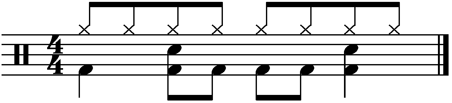 A four on the floor groove with additional eighth notes