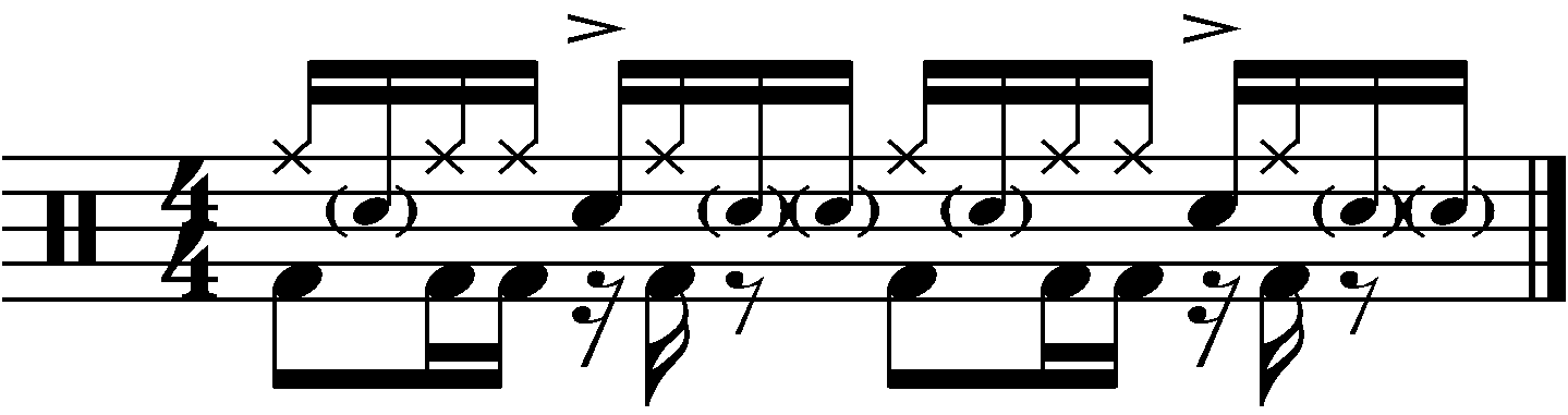 A paradiddle groove using ghosted snares