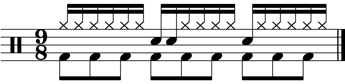 A 9/8 groove with constant eighth note kicks