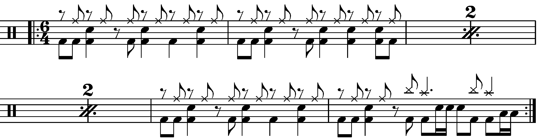 An eight bar phrase built of an AAAB pattern using 2 bar 6/4 grooves