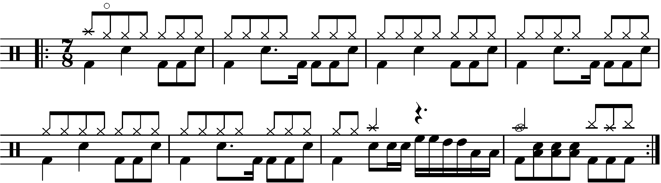 An eight bar phrase built of an AAAB pattern using 2 bar 7/8 grooves