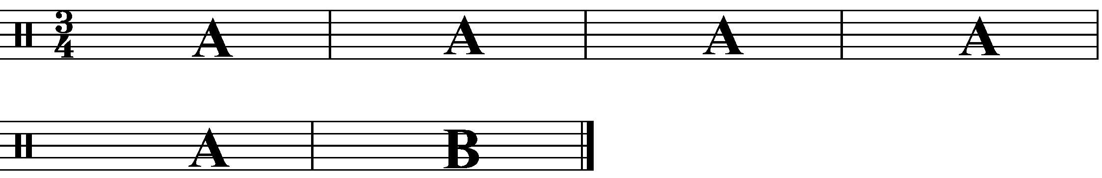 A six bar phrase made up 5 lots of A followed by a B.