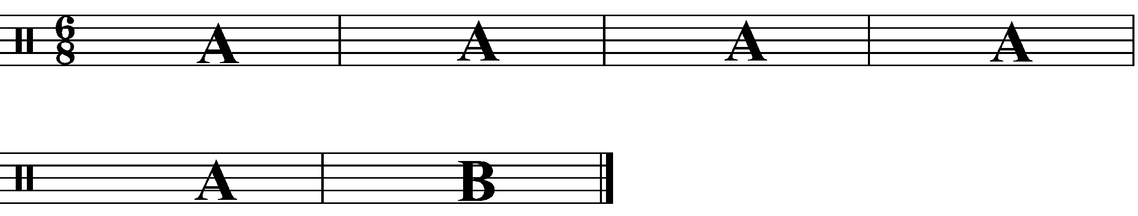 A six bar phrase made up 5 lots of A followed by a B.