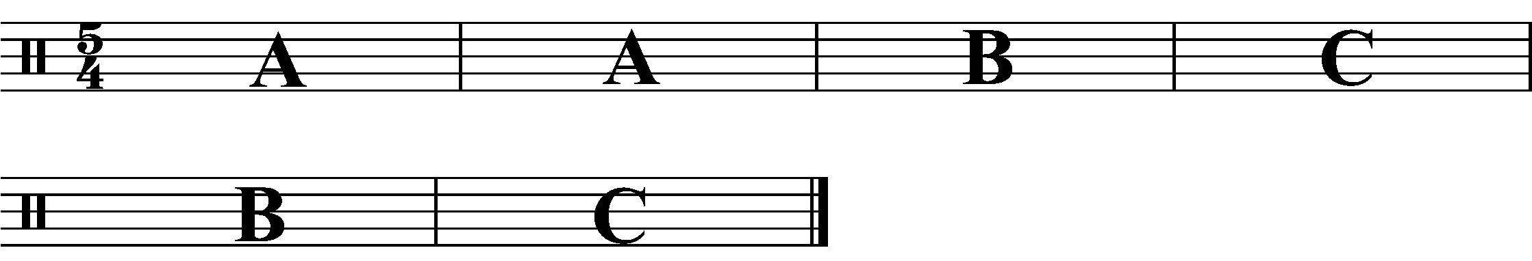 A six bar phrase using three structural sections.