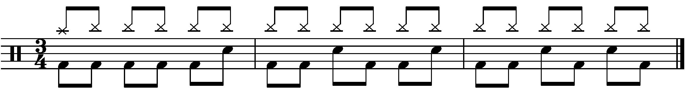 A three bar phrase in 3/4 made of three parts.