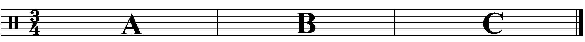A three bar phrase made up of 3 different sections in the time signature of 3/4.