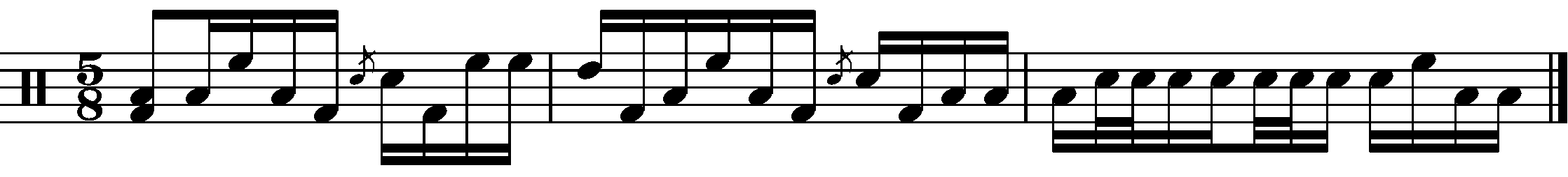 A three bar phrase in 5/8 made of three parts.