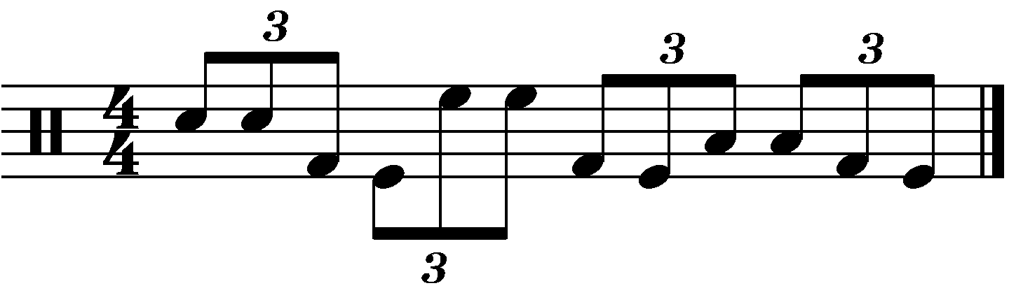 A fill using groups of 2 and double kicks over 8th note triplets.