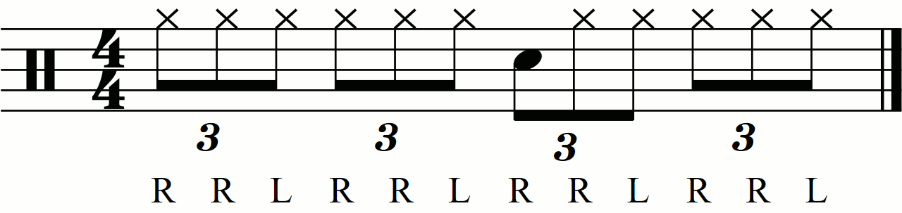 The hand placements for a reverse triple thalf time  16 beat groove