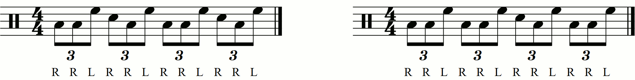 The hand placements for a reverse triplet 16 beat groove