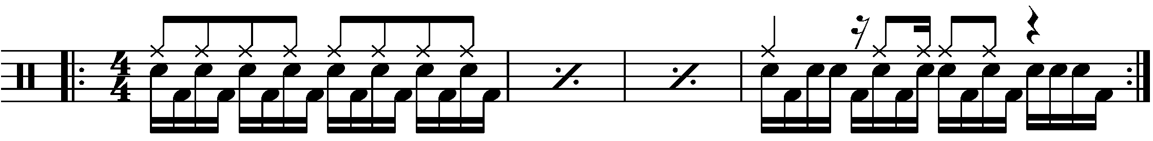 A four bar phrase built around reverse sub divided eighth note blast beats