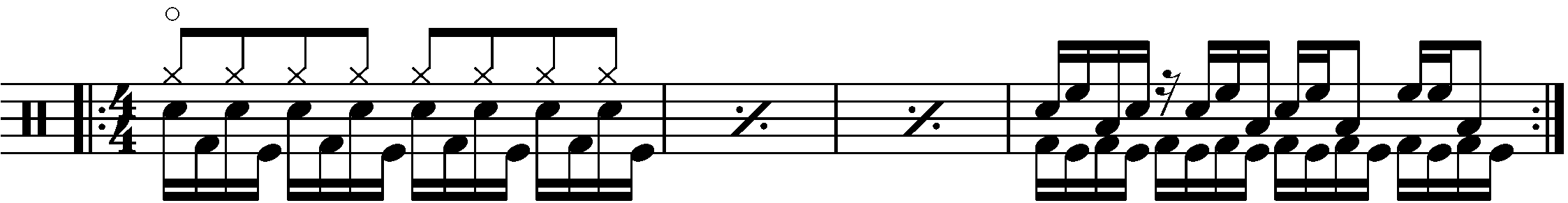 A four bar phrase built around reverse sub divided eighth note blast beats
