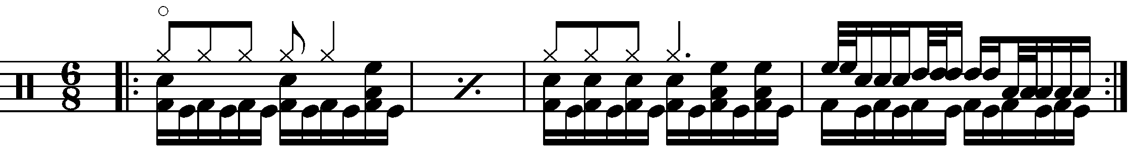 A four bar phrase with constant sixteenth double kick