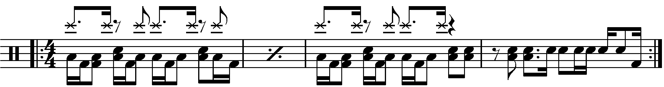 A four bar phrase based on a 332 multi layered groove