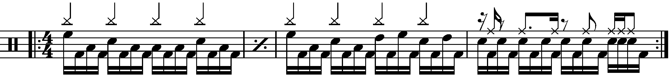 A four bar phrase based on the fake double kick groove concept