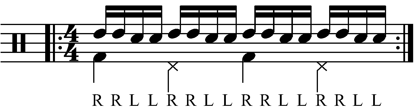 Double stroke roll with each hand playing a different drum