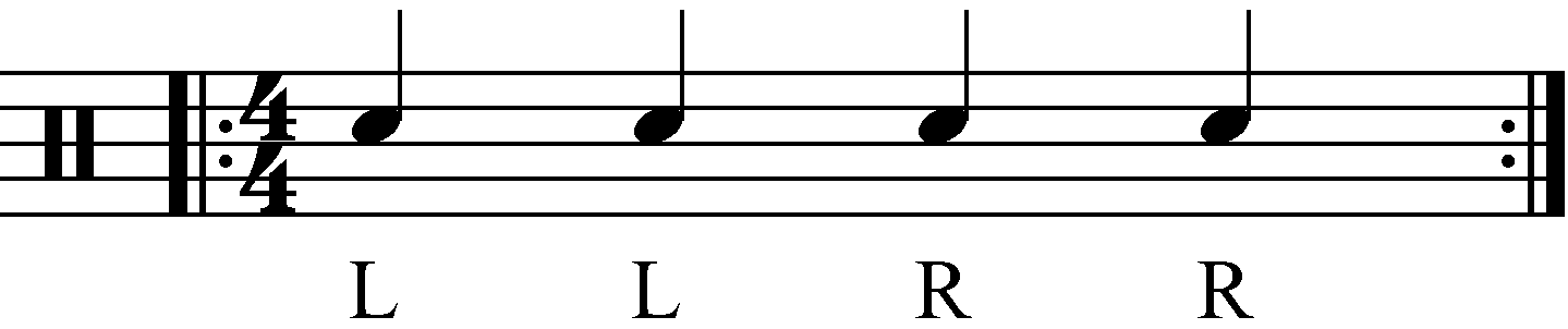 A Double Stroke Roll in reversed sticking as crotchets.