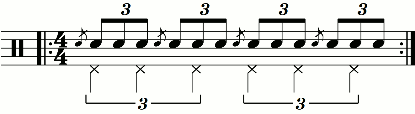 Quarter note triplets on the feet under a flam accent