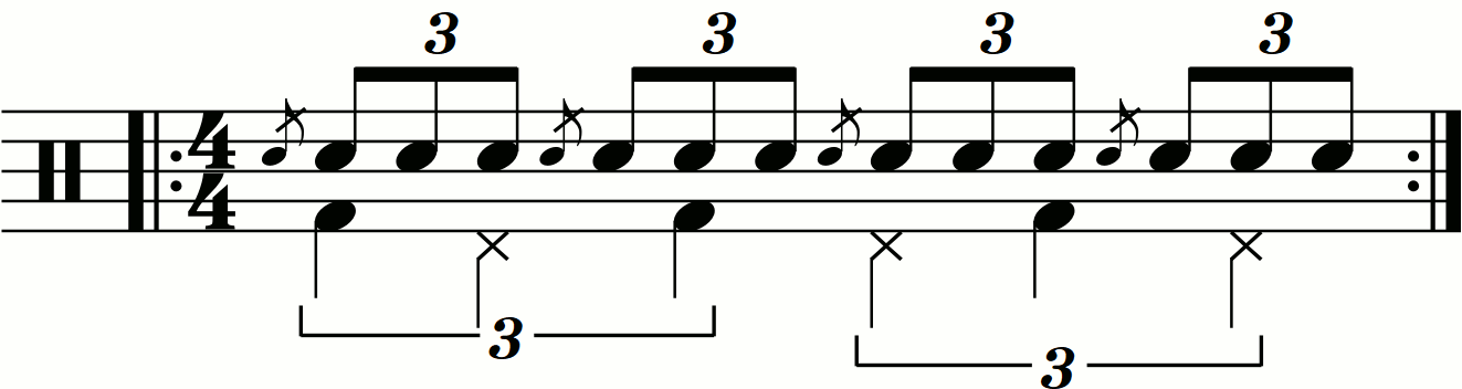Quarter note triplets on the feet under a flam accent