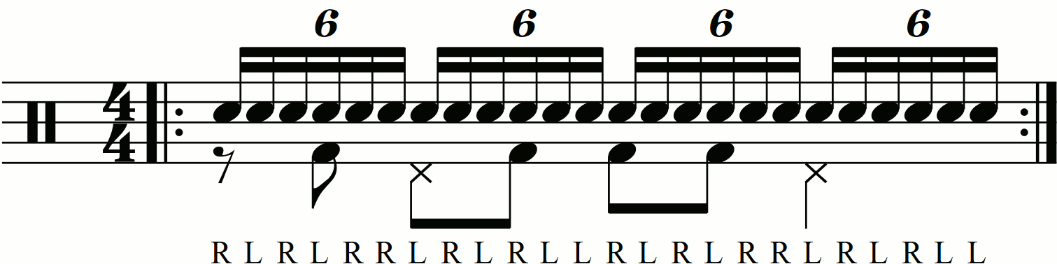 Applying level 0 groove movements on the feet under a double paradiddle