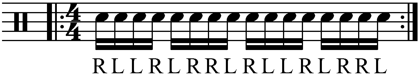 An inverted paradiddle in standard sticking as sixteenth notes.