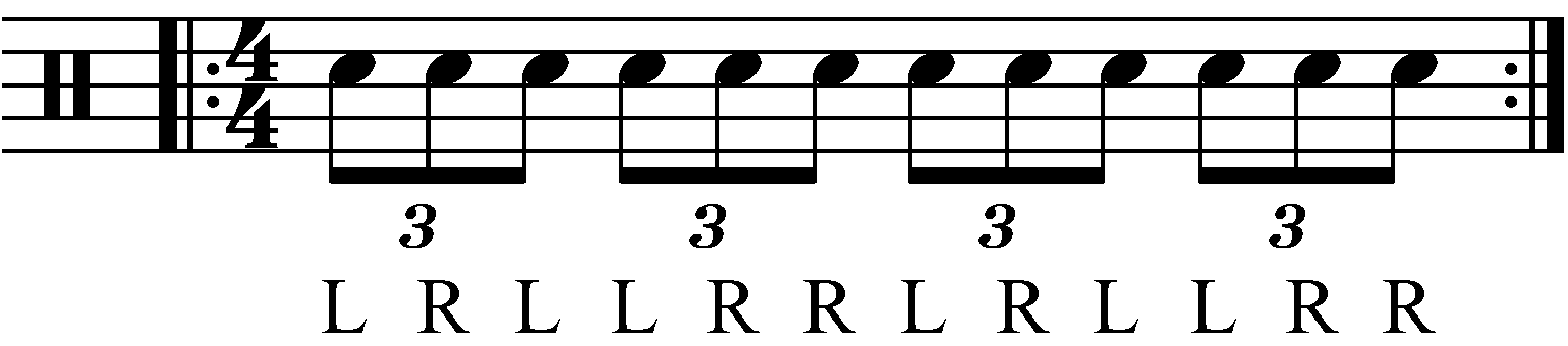 The Paradiddle Diddle as eighth note triplets in reverse sticking.