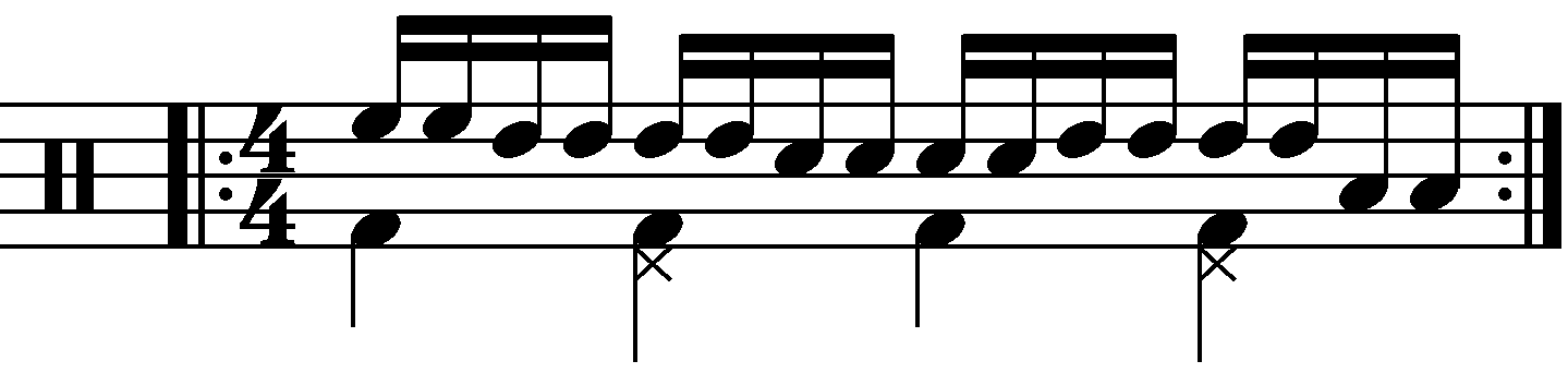 Single stroke roll played as staggered groups of twos and fours
