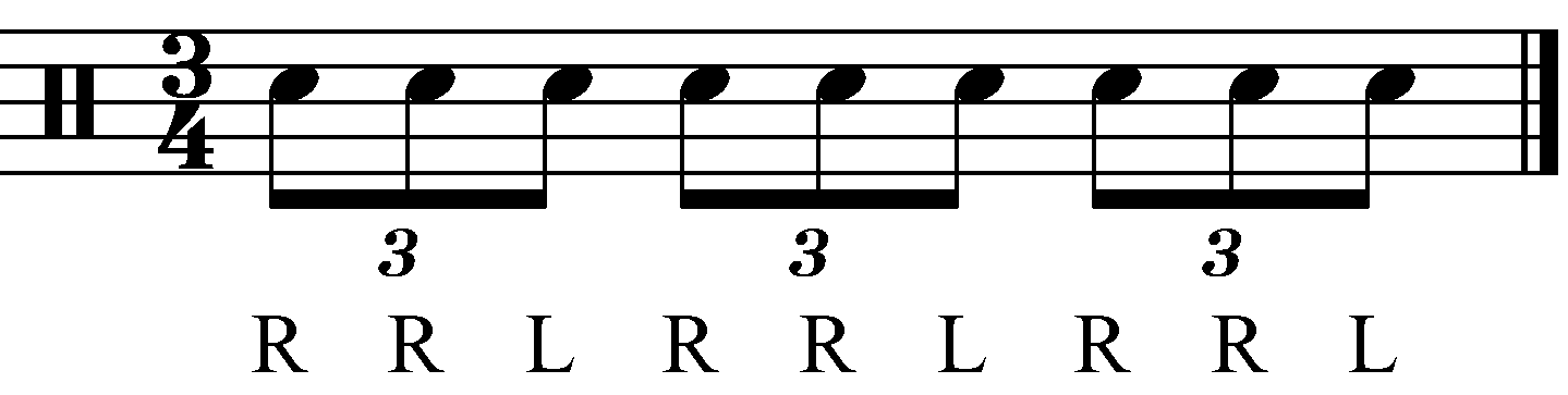 A standard triplet in 3/4 with reverse sticking