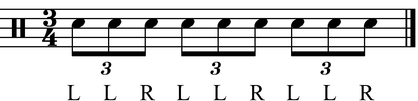A standard triplet in 3/4 with reverse sticking