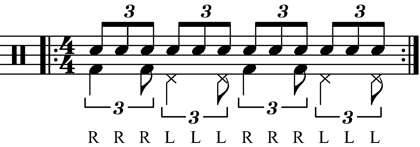 Adding swung eighth note feet under a 3 stroke roll