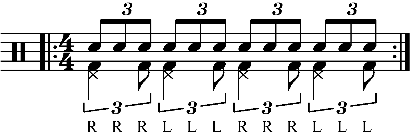 Adding swung eighth note feet under a 3 stroke roll