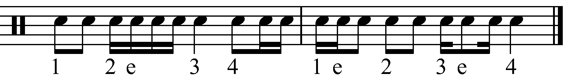 An example snare drum rhythm with added 'e' counts.
